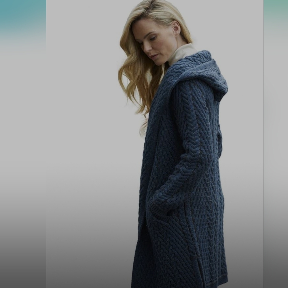 Aran Crafts Cable Knit Herringbone Shawl Collar Hooded Sweater Coat XS N… - Picture 2 of 9